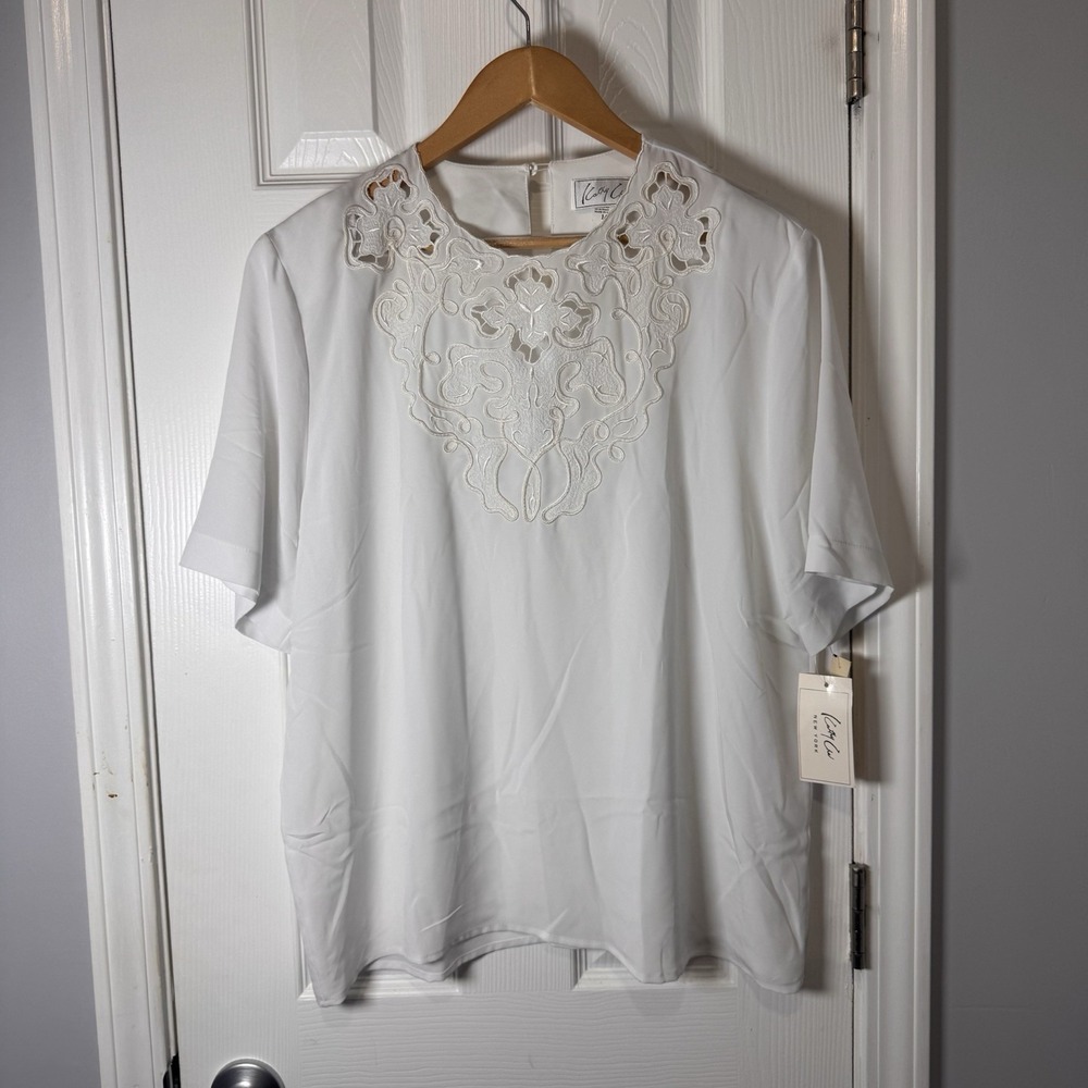 VTG Kathy Che White Lace Neck Button Blouse Short Sleeve Size 14 XL USA NWT